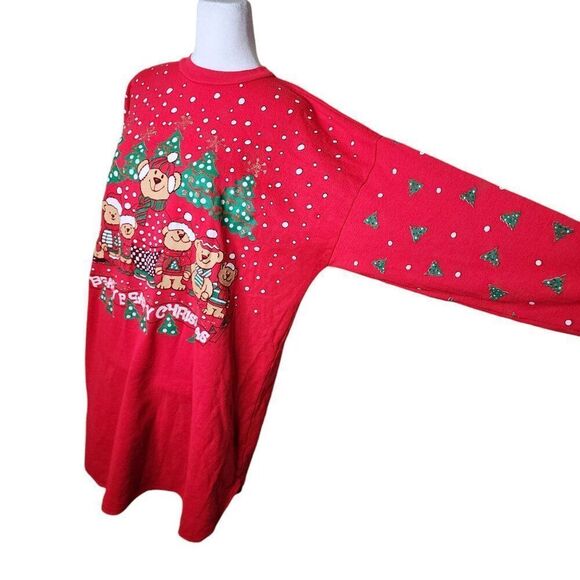 Vintage 80s Long Sleeve Christmas Teddy Bear Sleep Shirt Nightgown Womens M Red - Picture 2 of 7